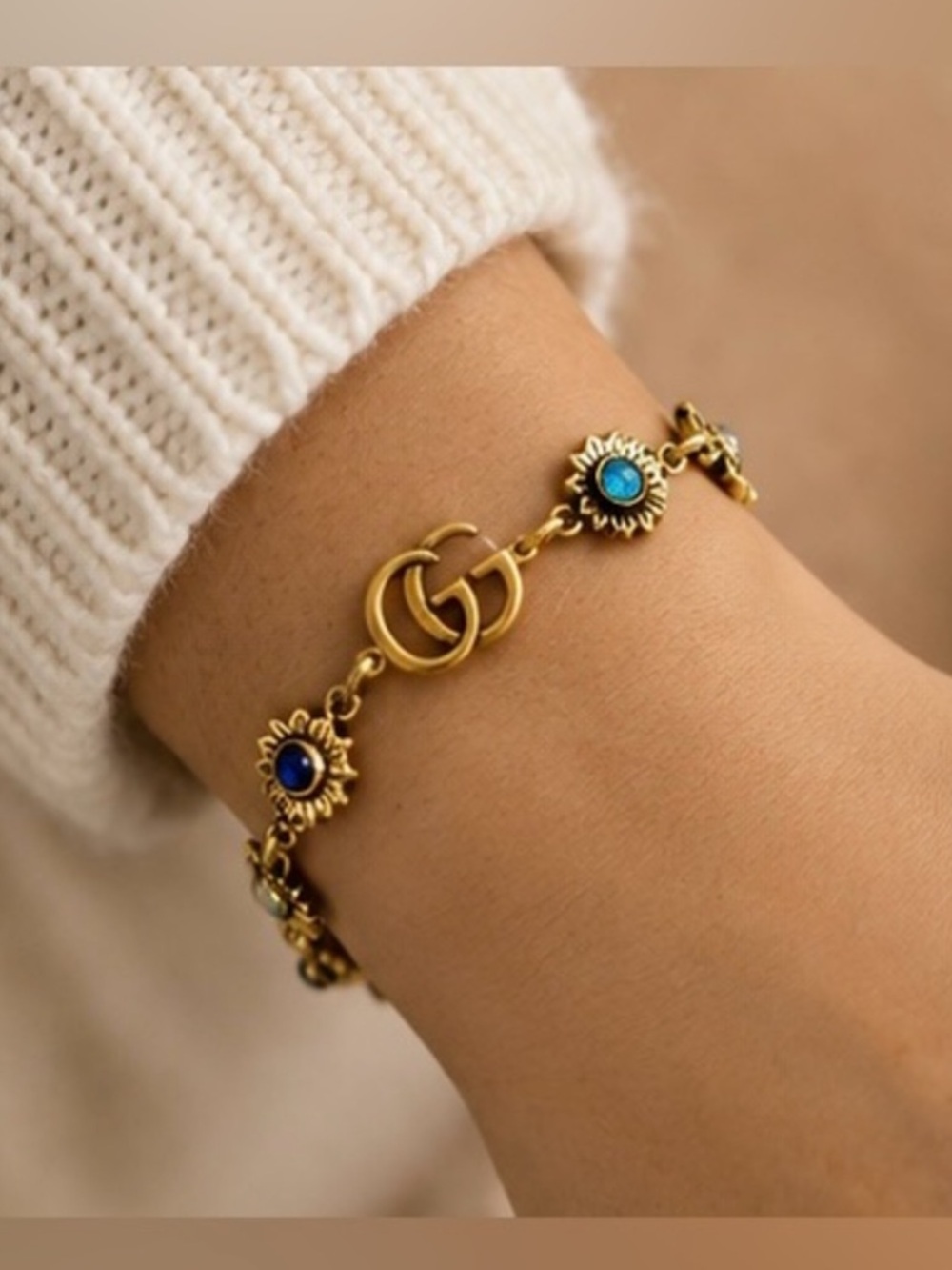 Gold Tone Blue White Stone Charm Bracelet Vintage Style Statement Jewelry